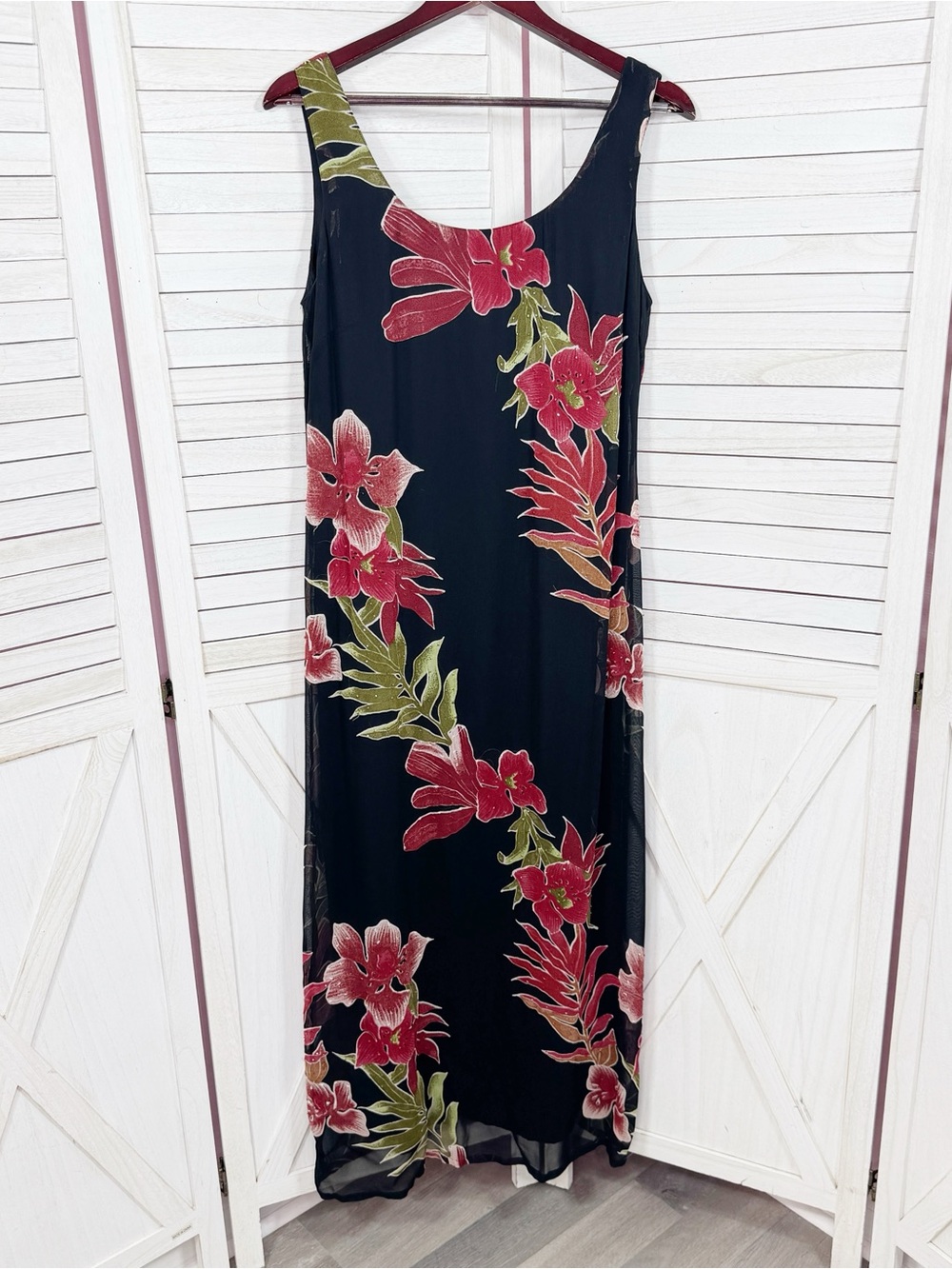 Vntg Y2k Eva Blue Tropical Floral Chiffon Maxi Slip Dress Black Red 10 Fairy - Picture 8 of 12
